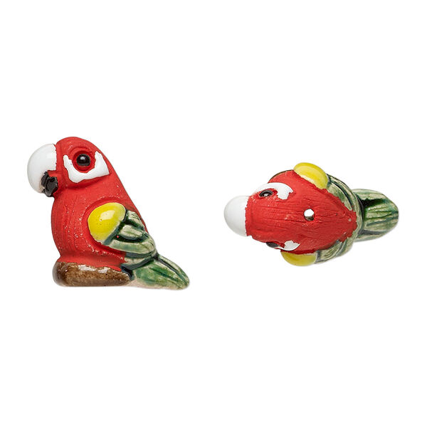 Bead, glazed ceramic, multicolored, 19x15mm hand-painted parrot. Sold per pkg of 2. image number 0