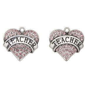 Charm, antique silver-finished enamel "pewter" (zinc-based alloy) and glass, pink and black, 24x23mm heart with "Teacher". Sold per pkg of 2.
