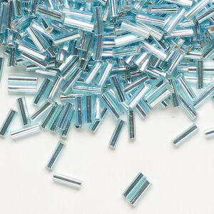 Bugle bead, Dyna-Mites™, glass, silver-lined translucent rainbow aqua, #3 square hole. Sold per 1/2 kilogram pkg.