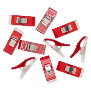 Wonder clip, Clover, stainless steel and plastic, red and clear, 26x10mm. Sold per pkg of 10.