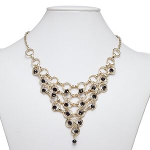 Necklace, glass with gold-finished steel and "pewter" (zinc-based alloy), black, 24 inches with 1-1/2 inch extender chain and lobster claw clasp. Sold individually.