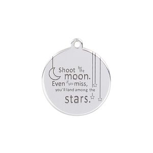 Drop, enamel and sterling silver, black, 20mm single-sided round with "Shoot for the moon. Even if you miss, you'll land among the stars" and half moon. Sold individually.