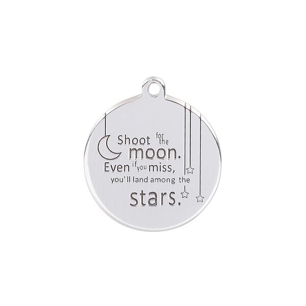 Drop, enamel and sterling silver, black, 20mm single-sided round with "Shoot for the moon. Even if you miss, you'll land among the stars" and half moon. Sold individually. image number 0
