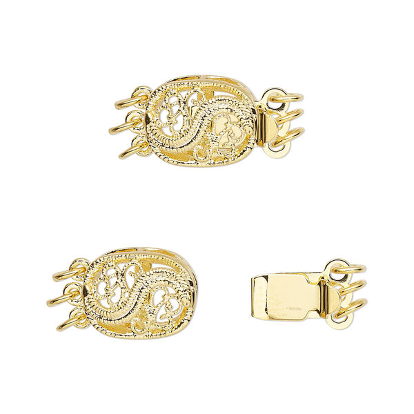 Clasp, 3-strand tab, gold-plated brass, 12x9mm filigree oval. Sold per pkg of 4. image number 0