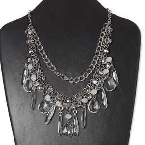 Necklace, acrylic / glass / silver-plated steel / brass, silver / clear / white, teardrop, 18 inches with 2-1/2 inch extender chain and lobster claw clasp. Sold individually.
