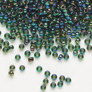 Seed bead, Miyuki, glass, pkg/250g, #8 rocaille, translucent cobalt-lined rainbow green (RR-344).