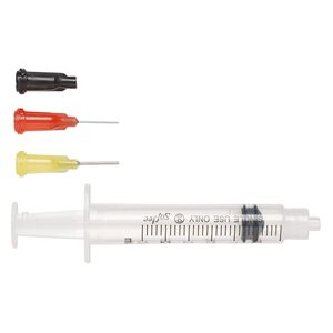 Syringe set, plastic / polypropylene / stainless steel, mixed colors, (4) 3-mL syringes / (8) tips / (4) caps. Sold per 16-piece set.