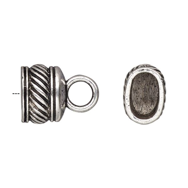 Cord end, glue-in, antique silver-finished "pewter" (zinc-based alloy), 14x10.5x10mm lined oval, 10.5x6mm inside diameter. Sold per pkg of 4. image number 0