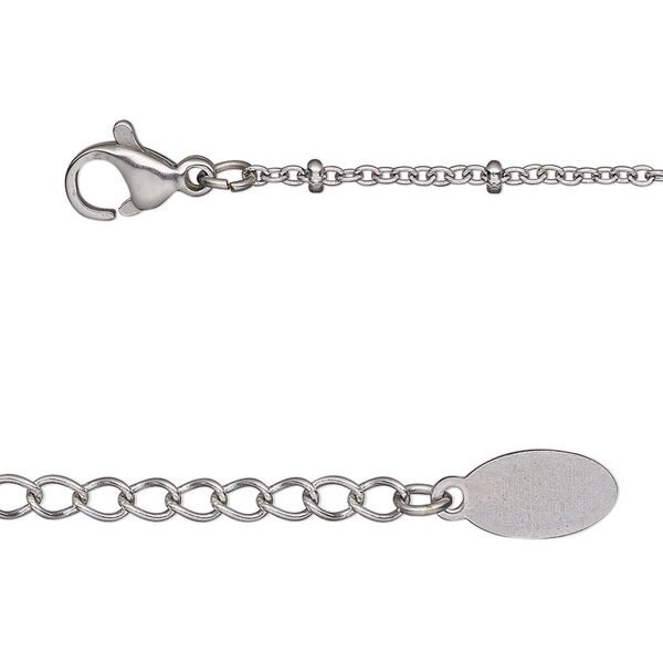 Chain, stainless steel, 1.4mm cable with 2.2x1mm rondelle, 18 inches with 2-inch extender chain and lobster claw clasp. Sold individually. image number 0