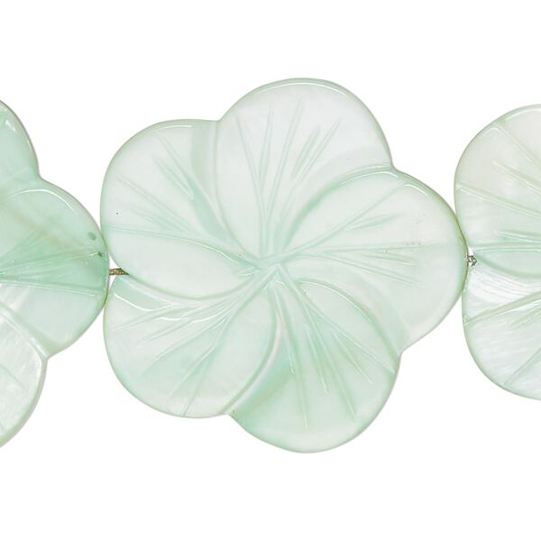 Bead, mother-of-pearl shell (dyed), sea green, 29x28mm-31x30mm carved flat flower, 0.6-0.8mm hole, Mohs hardness 3-1/2. Sold per 15-inch strand. image number 0