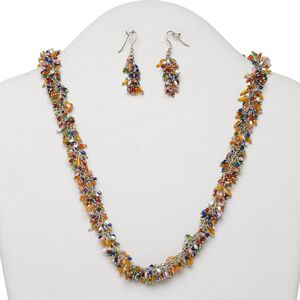 Necklace and earring set, silver-plated brass and iron with glass, multicolored, 20 inches with 2-1/2 inch extender chain and lobster claw clasp, 46x11mm earring with fishhook ear wire. Sold per set.