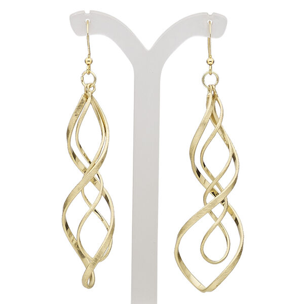 Earring, gold-finished brass and steel, 3 inches with scratched double helix and fishhook ear wire. Sold per pair. image number 0