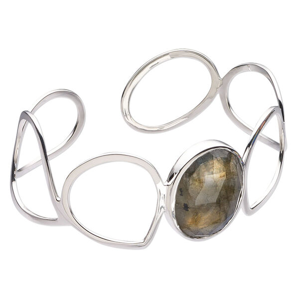 Bracelet, cuff, labradorite (natural) and sterling silver, 27mm wide with faceted oval, 7-1/2 inches. Sold individually. image number 0