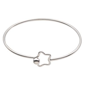 Bracelet, bangle, silver-finished brass, 2mm wide, 7-1/2 inches with 16mm open star and hook closure. Sold individually.