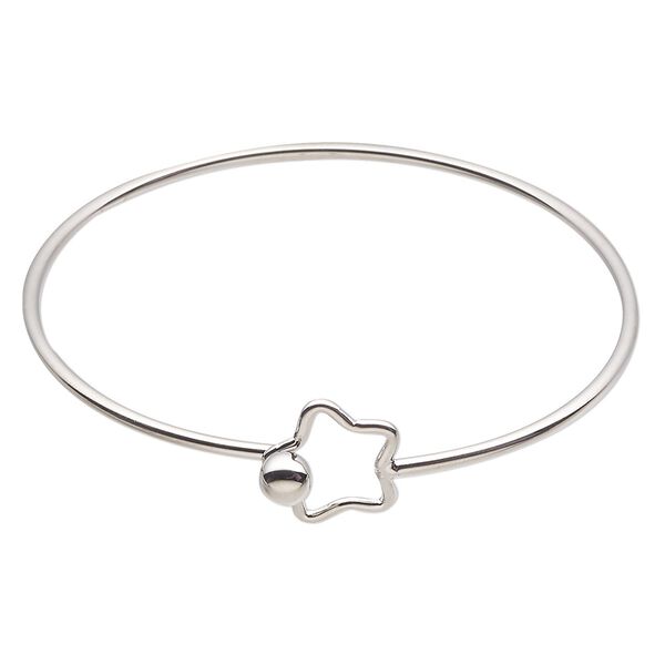 Bracelet, bangle, silver-finished brass, 2mm wide, 7-1/2 inches with 16mm open star and hook closure. Sold individually. image number 0