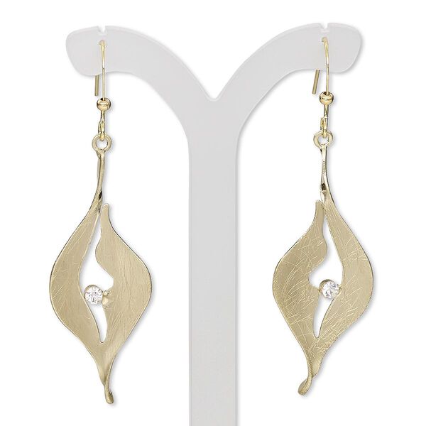Earring, Czech glass rhinestone with gold-plated steel and brass, clear, 2-1/4 inches with brushed marquise and cutout design with fishhook ear wire. Sold per pair. image number 0