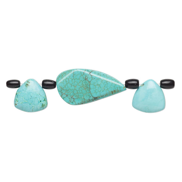 Bead mix, "turquoise" (imitation) resin and glass, light teal green / blue-green / black, 5x4mm-6x4mm barrel / 14x14x14mm puffed triangle / 28x15mm-30x16mm freeform. Sold per pkg of 7. image number 0