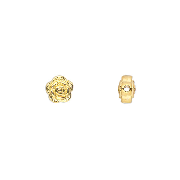Bead, gold-finished "pewter" (zinc-based alloy), 7x7mm double-sided flat flower. Sold per pkg of 100. image number 0