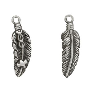 Charm, pewter (tin-based alloy), 25x10mm two-sided left- and right-facing feather. Sold per pkg of 2.