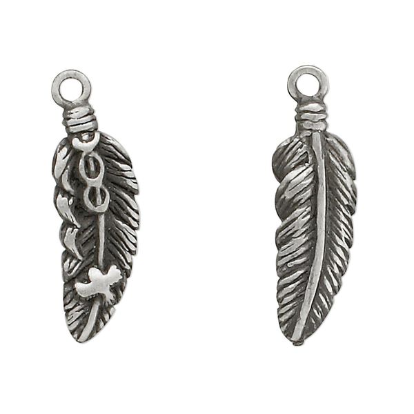Charm, pewter (tin-based alloy), 25x10mm two-sided left- and right-facing feather. Sold per pkg of 2. image number 0