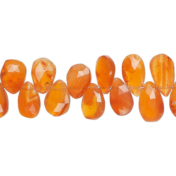Bead, carnelian (dyed / heated), 7x5mm-10x6mm hand-cut top-drilled faceted puffed teardrop, B+ grade, Mohs hardness 6-1/2 to 7. Sold per 8-inch strand, approximately 50 beads. image number 0