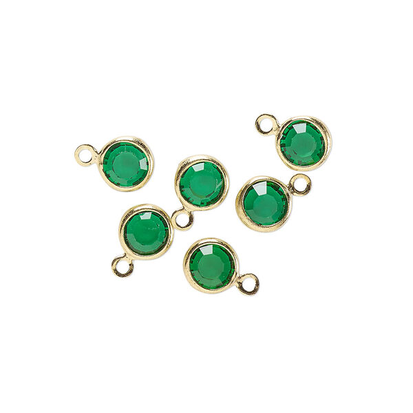Drop, glass rhinestone and gold-finished brass, emerald green, 6-6.5mm faceted round. Sold per pkg of 6. image number 0