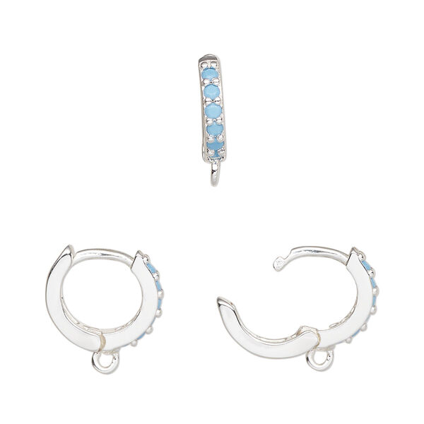 Hoop, silver-finished brass and glass, turquoise blue, 13mm hoop, 17 gauge. Sold per pair. image number 0