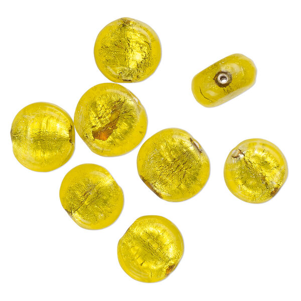 Bead, lampworked glass, opaque yellow, 15x8mm-13x6mm flat round with silver-colored foil. Sold per pkg of 8. image number 0