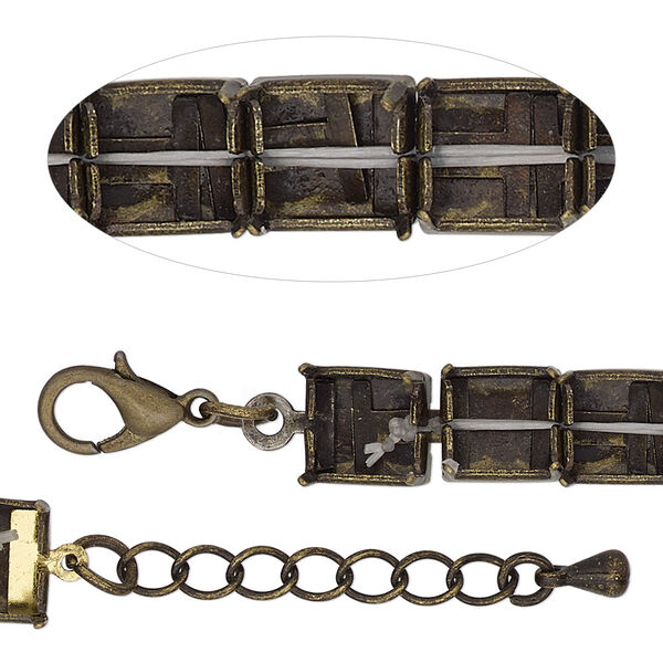 Bracelet component, antique brass-finished brass and steel, 8mm wide cupchain with (22) SS39 rivoli settings, 8 inches with 1-inch extender chain and lobster claw clasp. Sold individually. image number 0