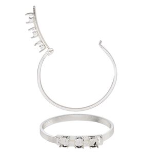 Bracelet, bangle, silver-finished brass, 9mm wide with (3) SS39 4-prong rivoli settings, 7 inches. Sold individually.