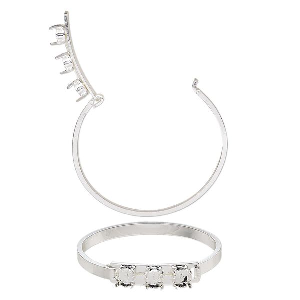 Bracelet, bangle, silver-finished brass, 9mm wide with (3) SS39 4-prong rivoli settings, 7 inches. Sold individually. image number 0