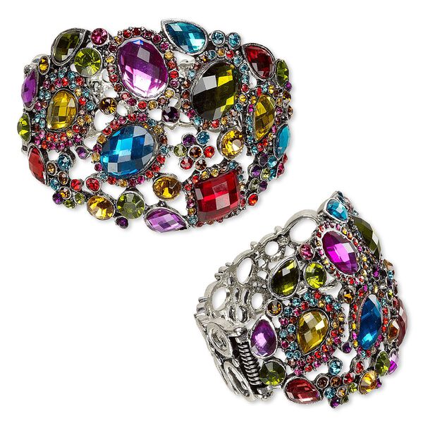 Bracelet, hinged bangle, resin and antique silver-plated "pewter" (zinc-based alloy), multicolored, 62mm wide, 7 inches. Sold individually. image number 0