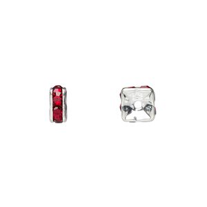 Bead, glass rhinestone and silver-plated brass, garnet red, 6x3mm squaredelle. Sold per pkg of 10.