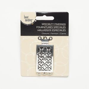 Clasp, 3-strand tab, antiqued silver-finished steel, 42x25mm rectangle with flower design. Sold individually.