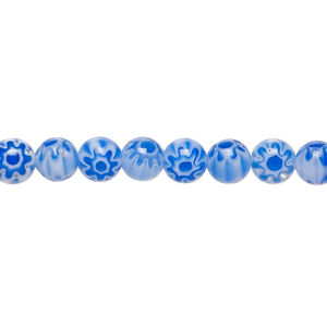 Bead, millefiori glass 1pkg1, translucent blue and white, 6mm round, 15 inches.