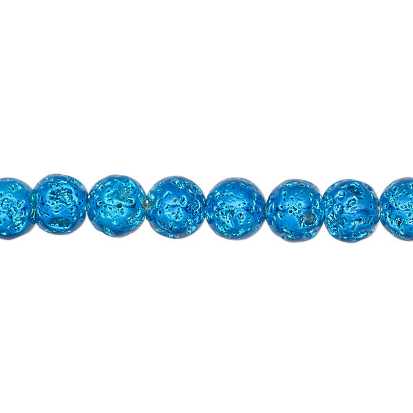 Bead, electro-coated lava rock (coated), blue, 6-7mm round. Sold per 15-1/2" to 16" strand. image number 0