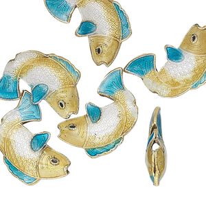 Bead, cloisonné, gold-finished brass and enamel, gold/white/blue, 18x14mm fish. Sold per pkg of 6.
