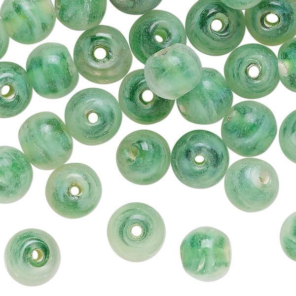 Bead, glass, translucent green, 7-8mm round. Sold per 2-ounce pkg, approximately 80 beads. image number 0