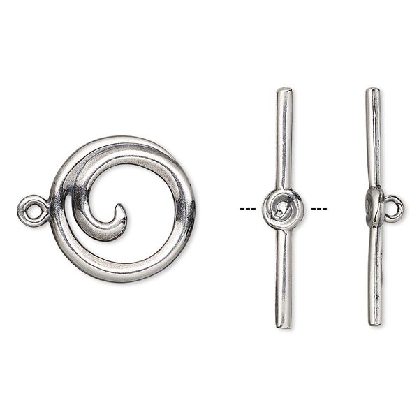 Clasp, toggle, antique silver-plated brass, 15.5mm round swirl. Sold individually. image number 0