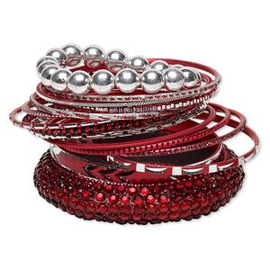 Bracelet, bangle and stretch, resin / aluminum / silver-coated plastic / brass, red and black with glitter, 2.5-17mm wide, 6-1/2 to 8 inches. Sold per 15-piece set.