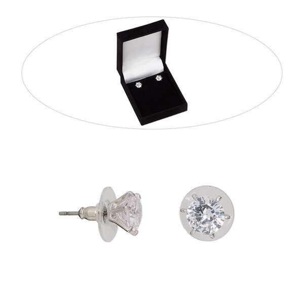 Earring, cubic zirconia / stainless steel / rhodium-finished brass, clear, 9mm round with post. Sold per pair. image number 0
