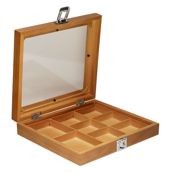 Organizer, stained wood / acrylic / brass / imitation rhodium-finished steel, brown / black / clear, 8-1/2 x 7-1/2 x 1-3/4 inch hinged rectangle with 7-3/4 x 6-3/4 x 3/4 inch tray and 8 compartments with key lock. Sold individually. image number 1
