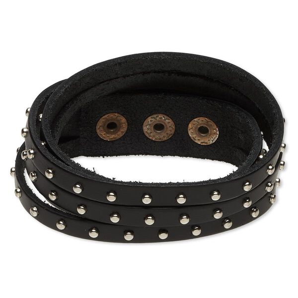 Bracelet, wrap, leather (dyed) with imitation rhodium-plated steel and "pewter" (zinc-based alloy), black, 20mm wide with round studs, adjustable at 6-1/2 and 7 inches with snap closure. Sold individually. image number 0