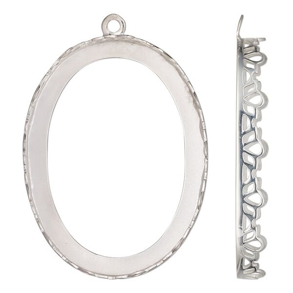 Drop, sterling silver, 42x31.5mm oval with decorative trim and open back with 40x30mm oval cabochon bezel setting. Sold individually. image number 0