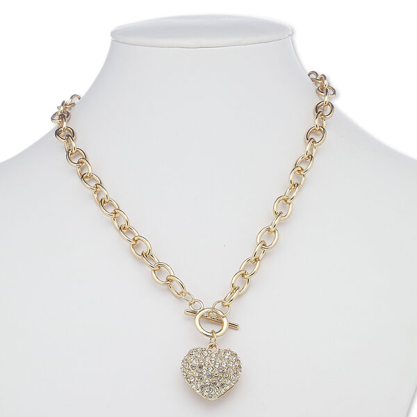 Necklace, glass rhinestone with gold-finished steel and "pewter" (zinc-based alloy), clear, 24x24mm two-sided heart with cutout design, 17 inches with toggle clasp. Sold individually. image number 0