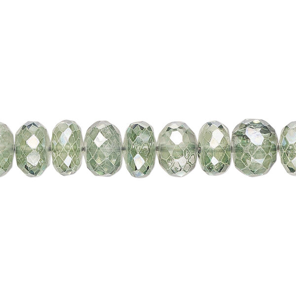 Bead, quartz crystal (coated), green, 8x3mm-9x7mm hand-cut faceted rondelle, B grade, Mohs hardness 7. Sold per 7-inch strand, approximately 35 beads. image number 0