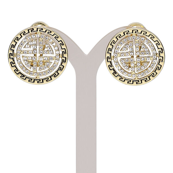 Earring, Austrian crystal / enamel / stainless steel / gold-finished brass / "pewter" (zinc-based alloy), black and clear, 22mm round with Greek key and cutout design with post and latch-back closure. Sold per pair. image number 0