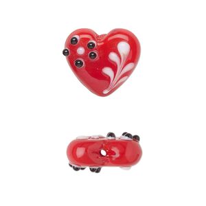 Bead, lampworked glass, opaque red / black / white, 18x15mm flat heart with flower design. Sold per pkg of 2.