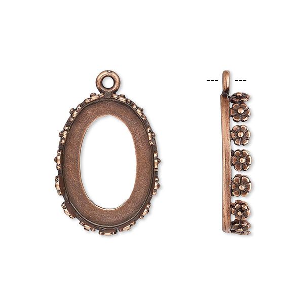 Drop, JBB Findings, antique copper-plated brass, 20x15mm oval with open back and flower design trim, 18x13mm oval bezel setting. Sold per pkg of 2. image number 0