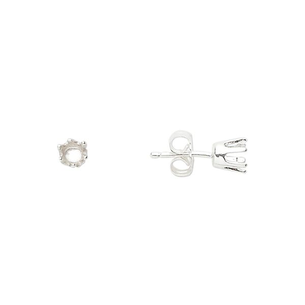 Earstud 1pkg2 Sure-Set™ sterling silver, 4mm round pre-notched 6-prong setting / earnuts, 1 pair image number 0